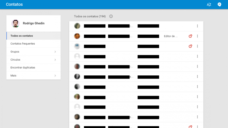Interface web de contatos do Google.