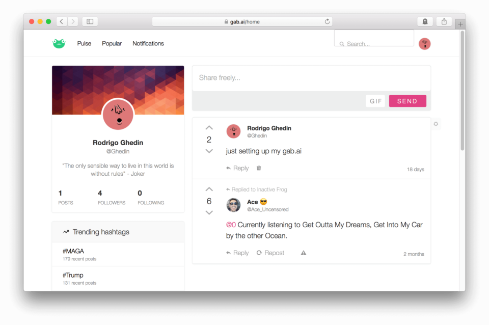Página inicial da rede social Gab.
