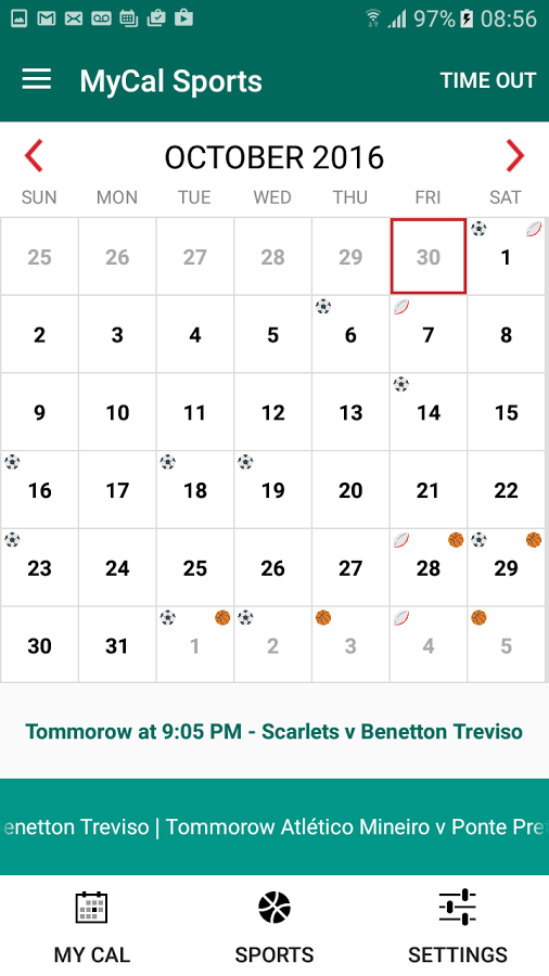 Print do MyCal Sports para Android.