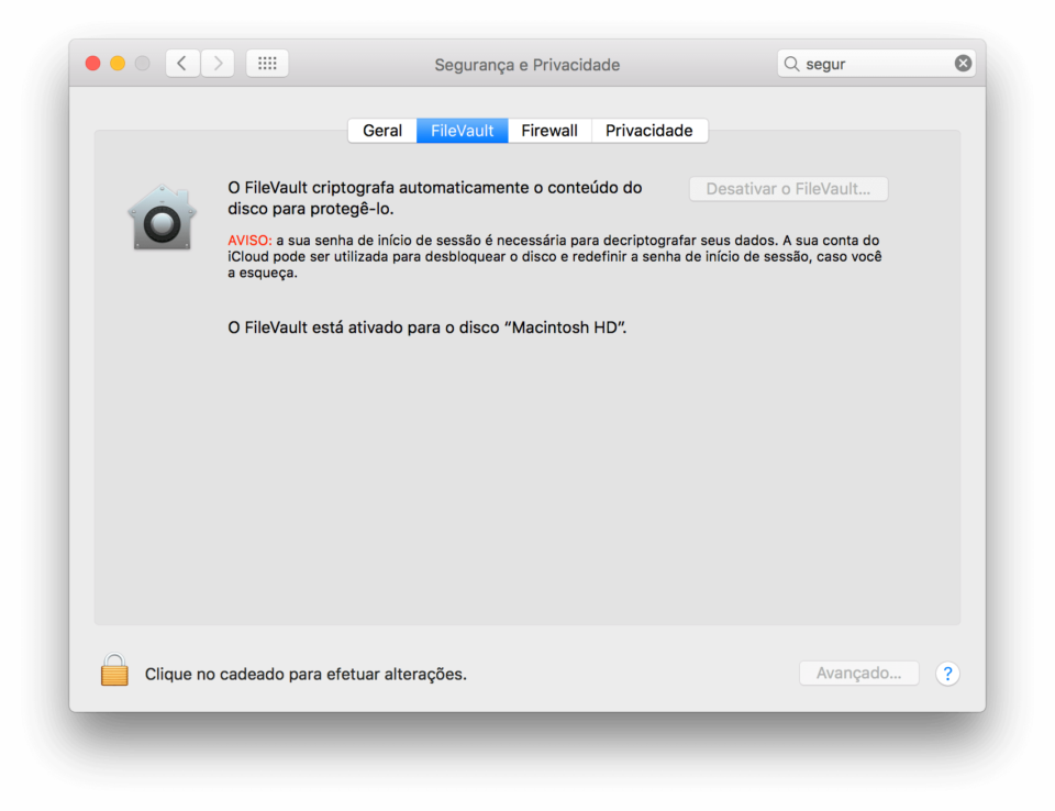 Janela do FileVault, criptografia de disco do macOS.