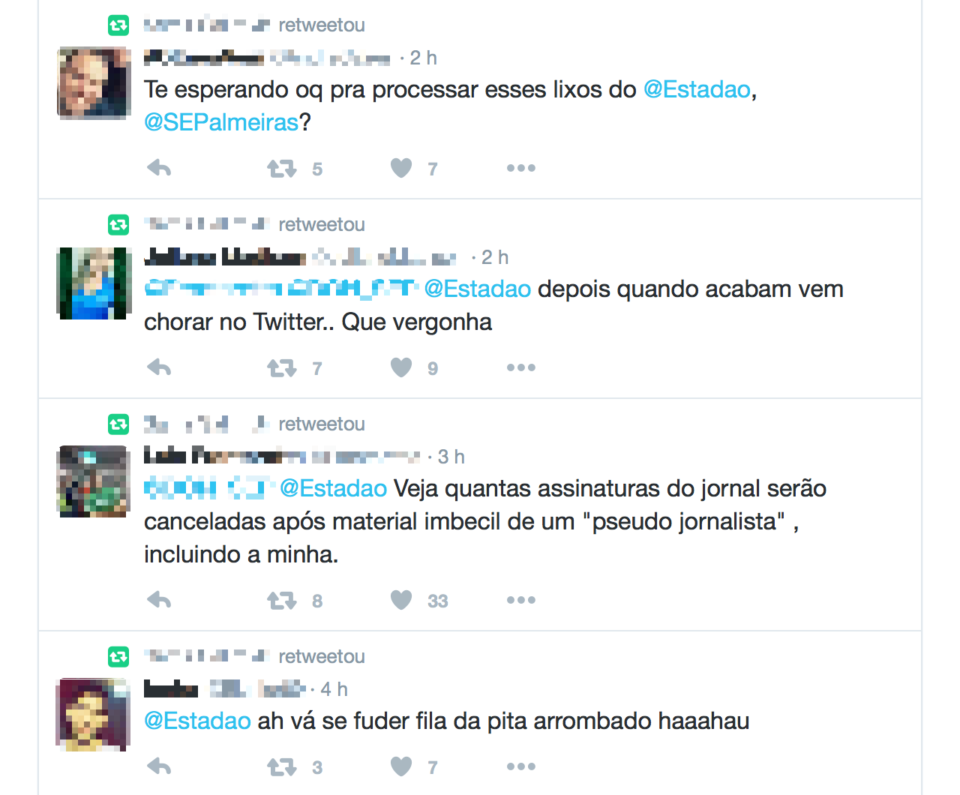 Pessoas reclamam, no Twitter, contra matéria do Estadão.