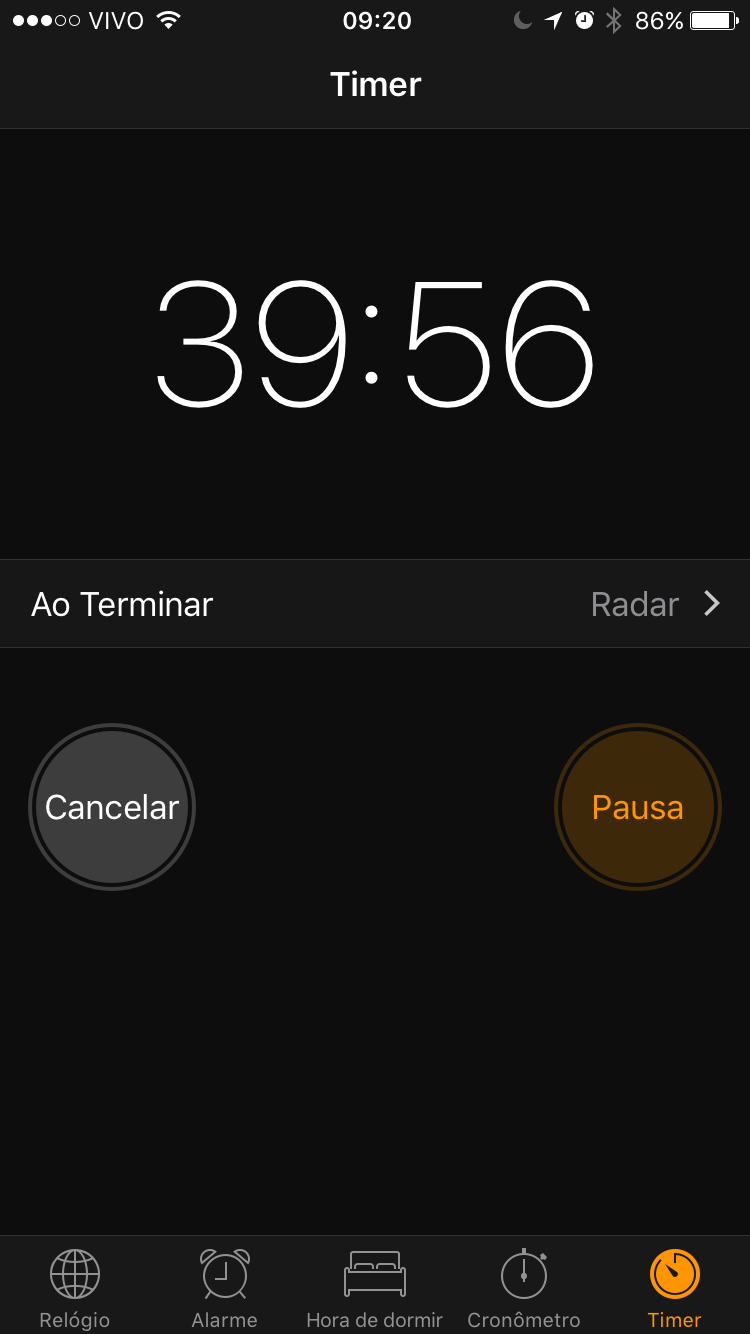 Timer no app de relógio do iOS.