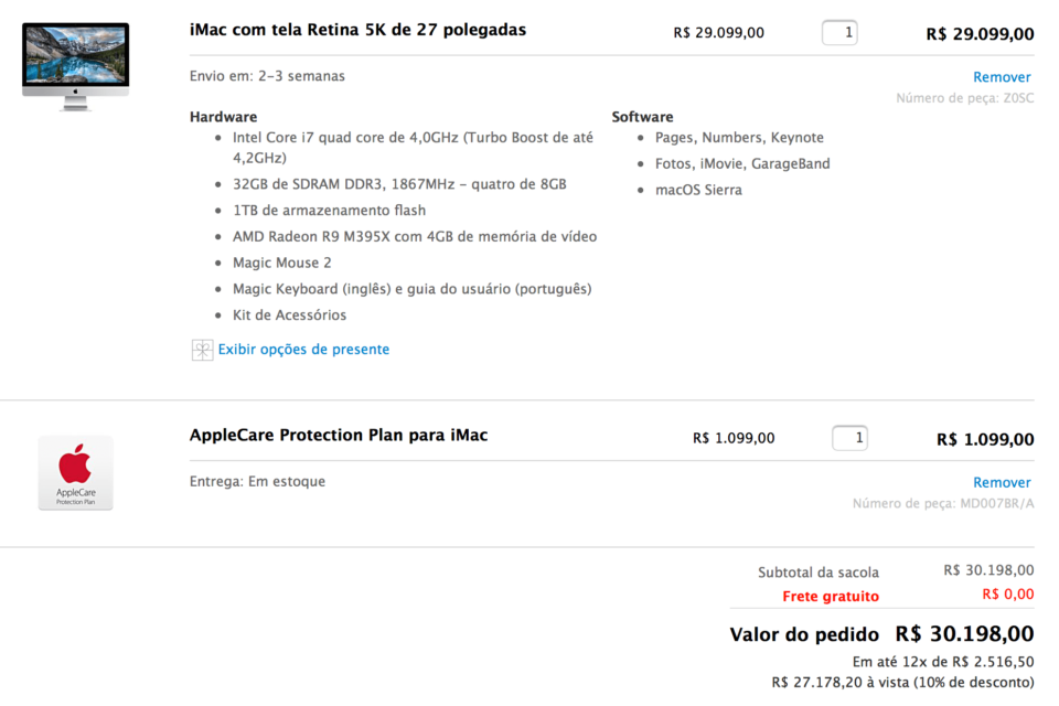 iMac topo de linha cotado na Apple Store online.