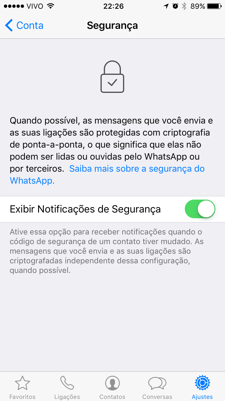 Tela para ativar notificações de segurança no WhatsApp.