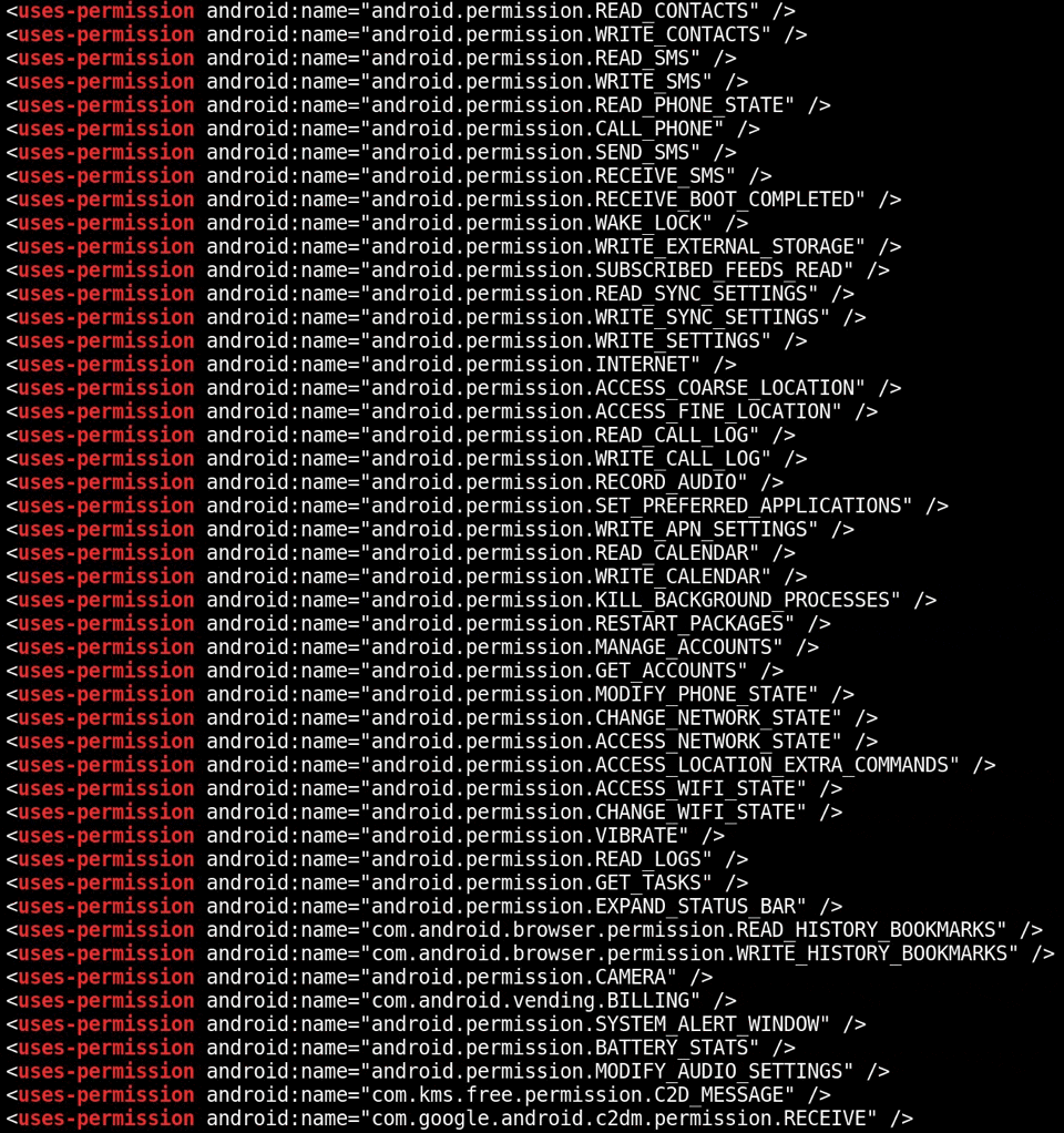 Permissões do app da Kaspersky para Android.