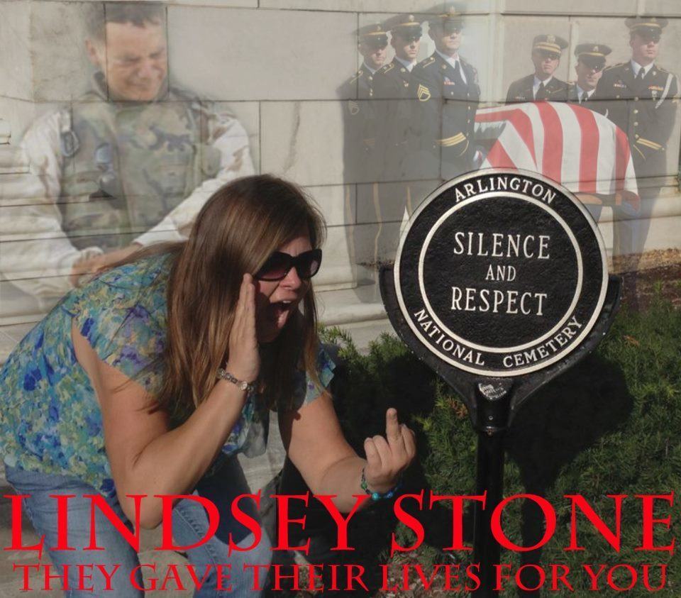 Montagem com a foto de Lindsey Stone.