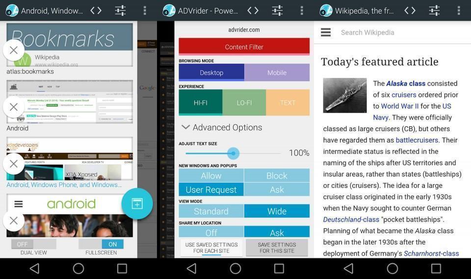 Screenshots do Atlas Web Browser para Android.