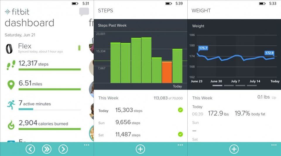 Screenshots do Fitbit para Windows Phone.