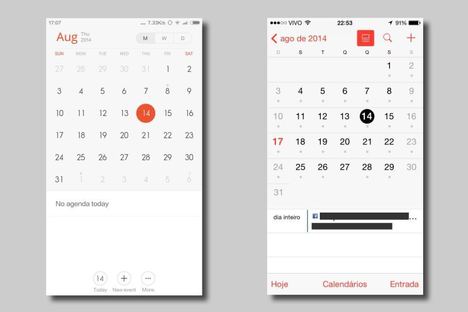 Agenda no MIUI 6 e no iOS 7.
