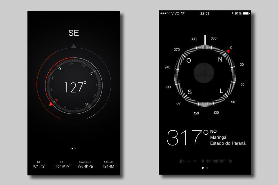Bússola no MIUI 6 e no iOS 7.