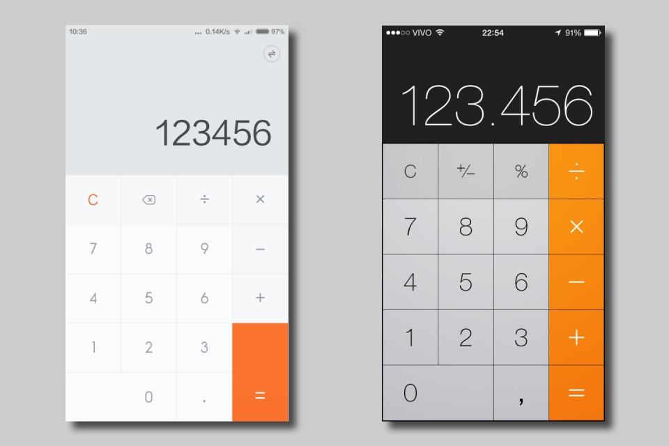 Calculadora no MIUI 6 e iOS 7.