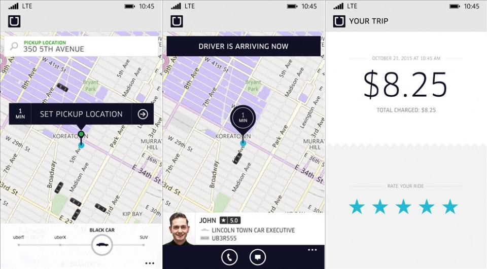 Screenshots do Uber para Windows Phone.
