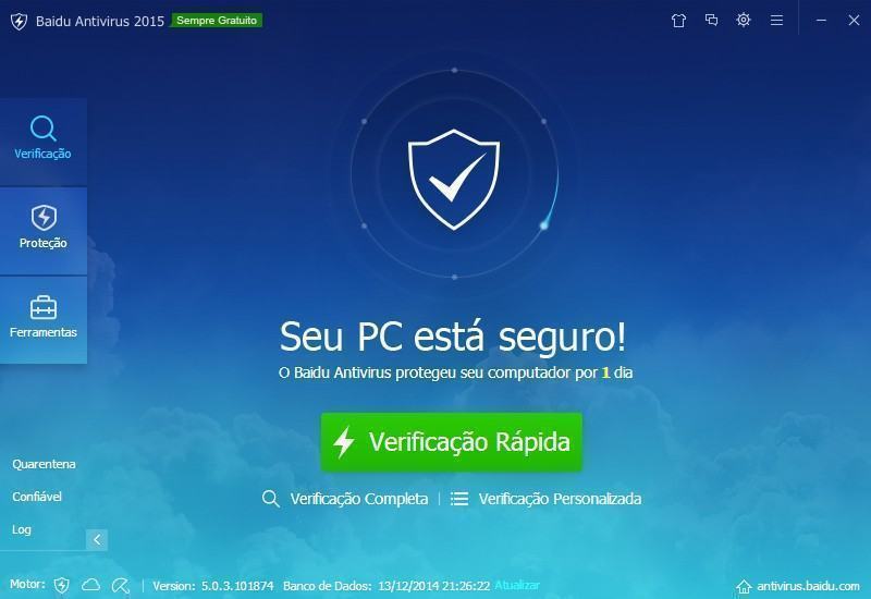 Tela inicial do Baidu Antivirus 2015.