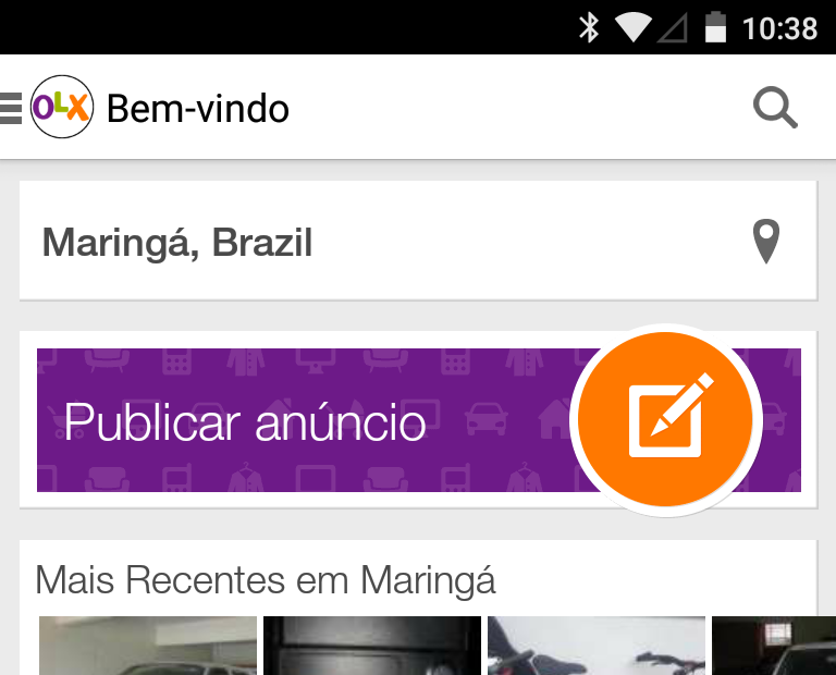 Tela inicial do app da OLX para Android.