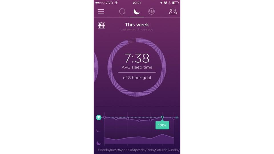 Tela do app da Misfit com minha semana de sono.
