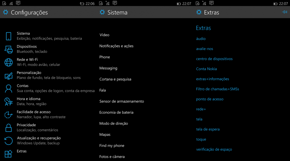 Algumas telas de configuração do Windows 10 para celular.