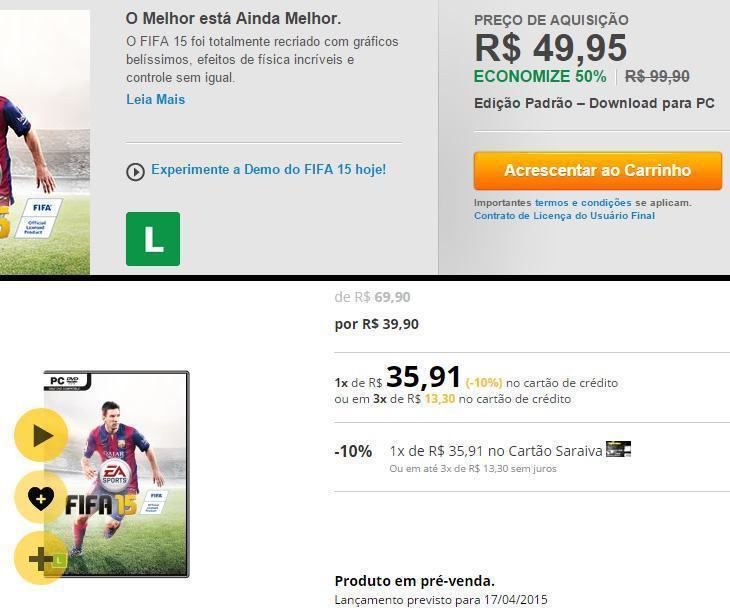 Comparativo de preços do FIFA 15 na Origin e Saraiva.