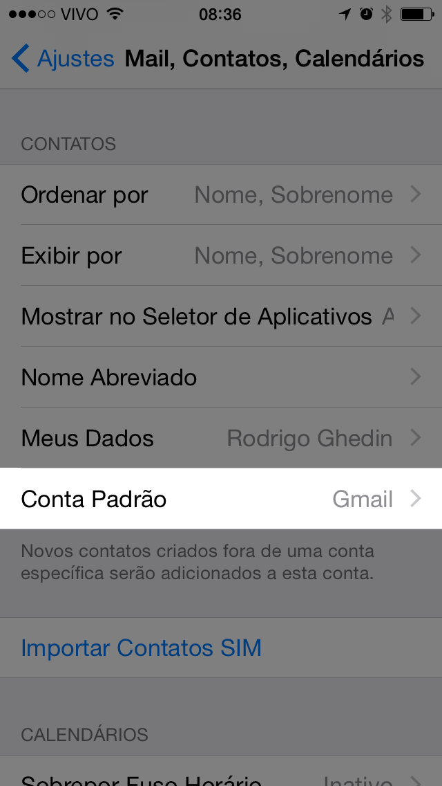 Tela de contatos nas configurações do iPhone.