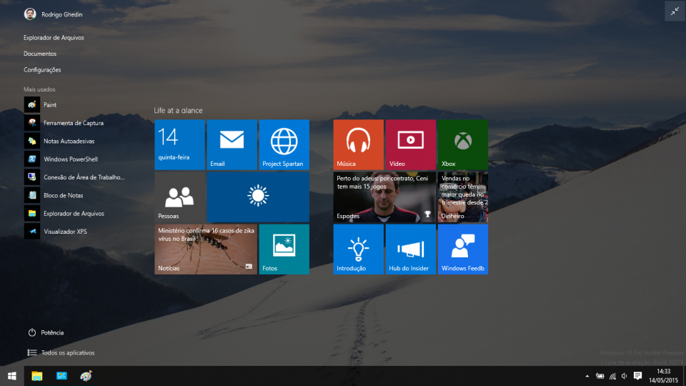 O menu Iniciar se expande para tela inicial.