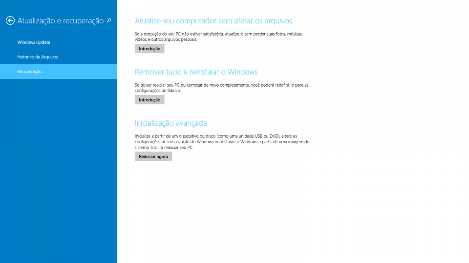 Atualização e recuperação no Windows 8 e posteriores.