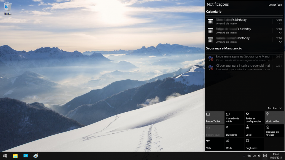Central de notificações com atalhos rápidos no rodapé.