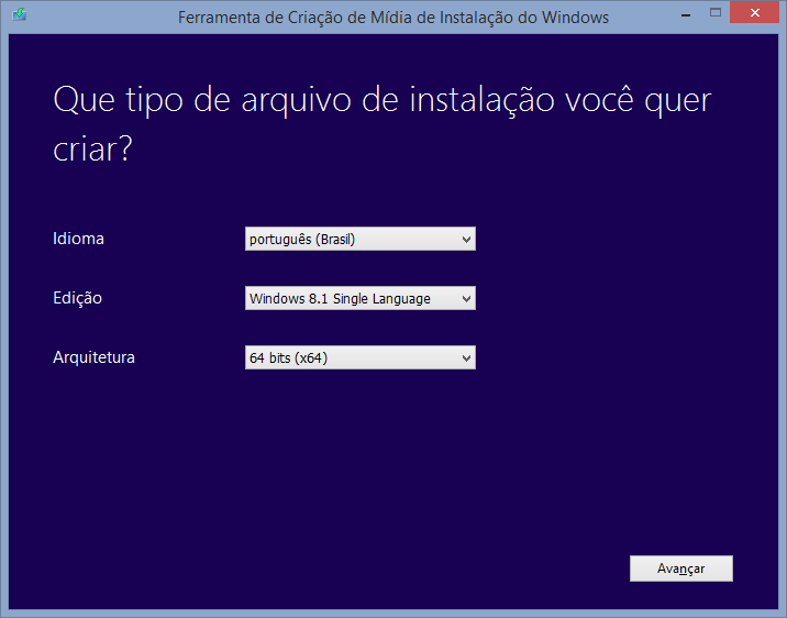 Escolha a versão e o idioma do Windows 8.1.