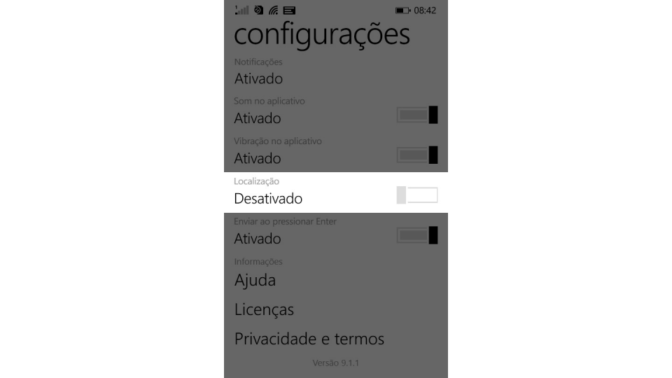 Tela de configurações do Messenger.