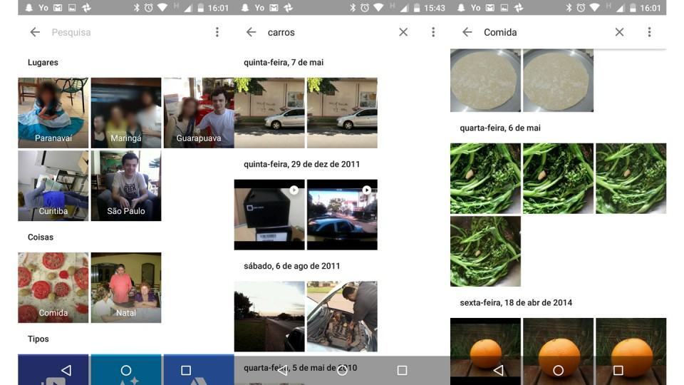 Exemplos de pesquisa no Google Fotos.
