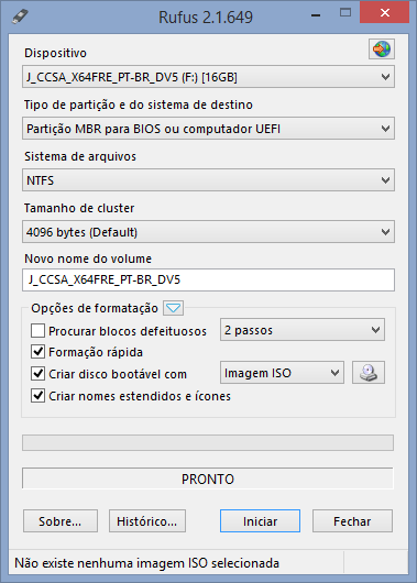 Print do Rufus, que cria pen drives bootáveis.