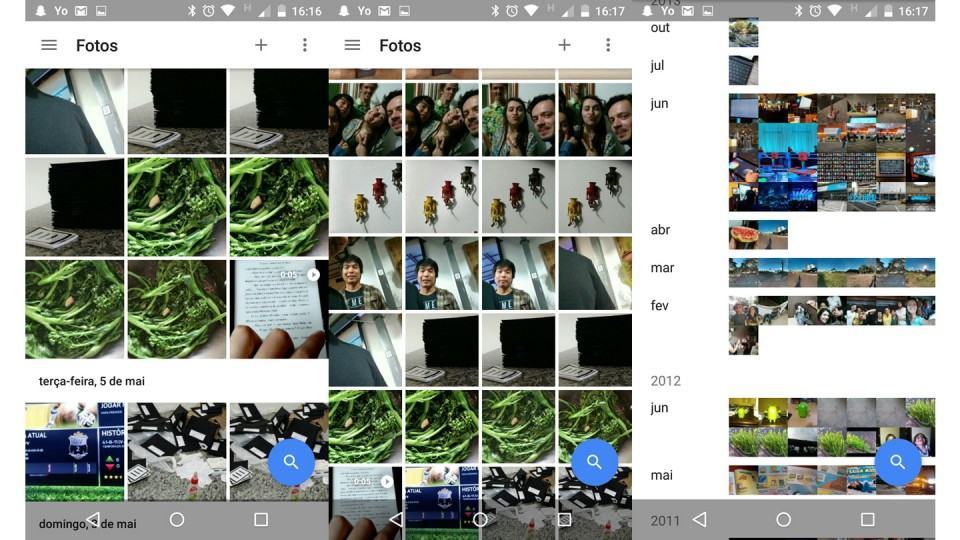 Dia, mês e ano, tipos de visualizações no Google Fotos.