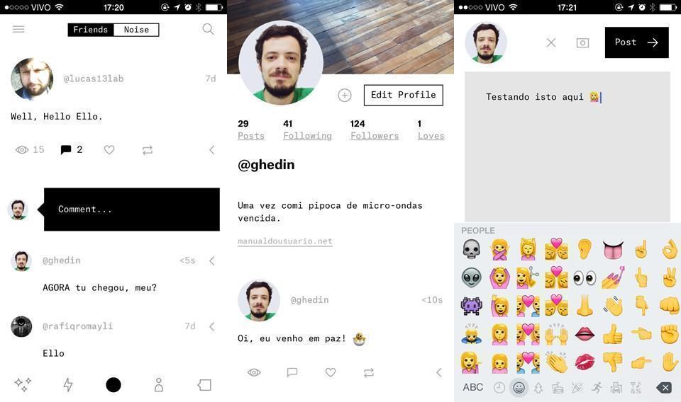 Telas do app do Ello para iPhone.