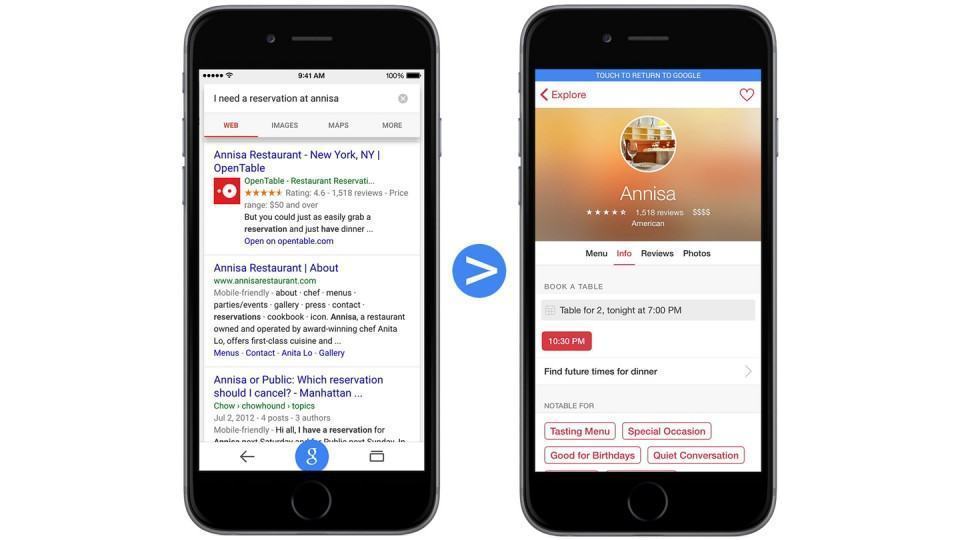 Busca no Google retorna reserva no app do OpenTable.