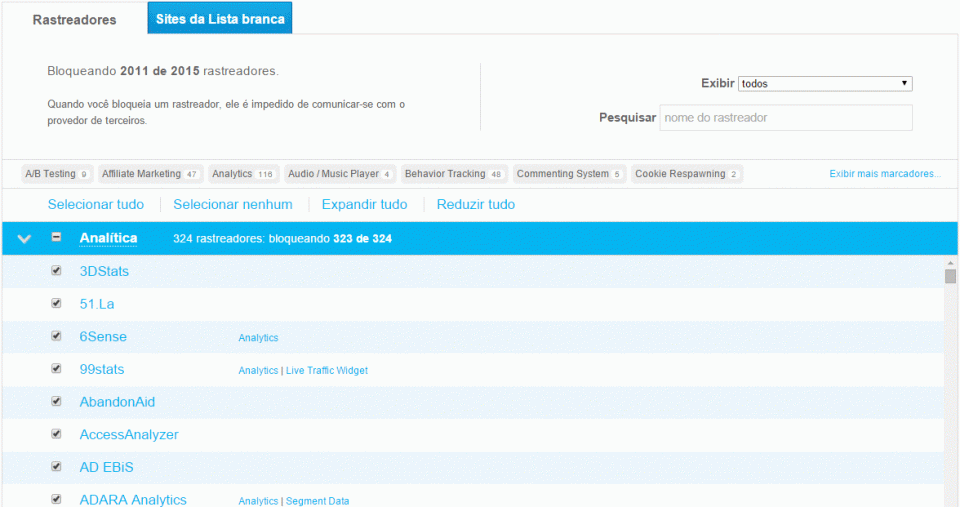 Tela das configurações com todos os rastreadores.
