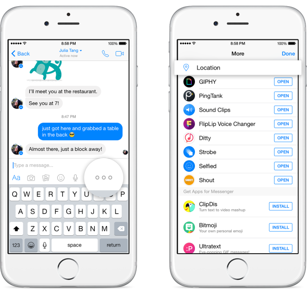 Passos para compartilhar a localização no Facebook Messenger.