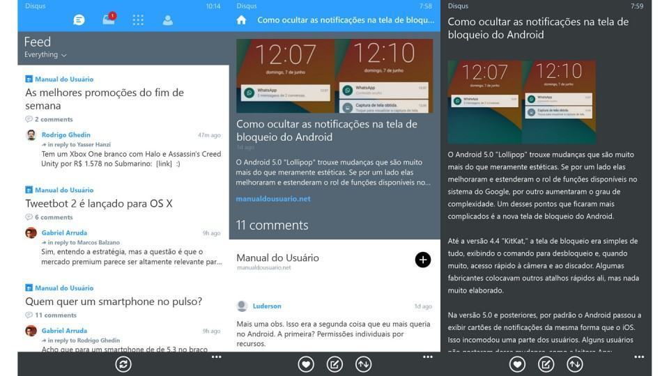 Comentários e posts no app do Disqus.