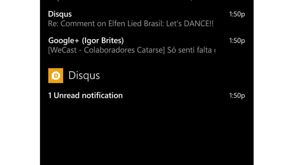 Notificação do Disqus no Windows Phone.