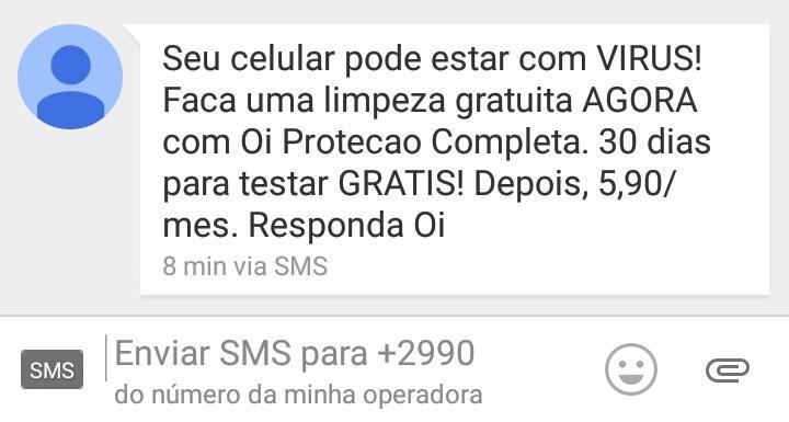 Mensagem do Oi Proteção Completa enviada ao Rigues.