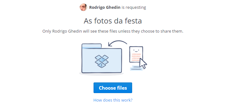 Página para enviar arquivos via Solicitação de arquivos no Dropbox.