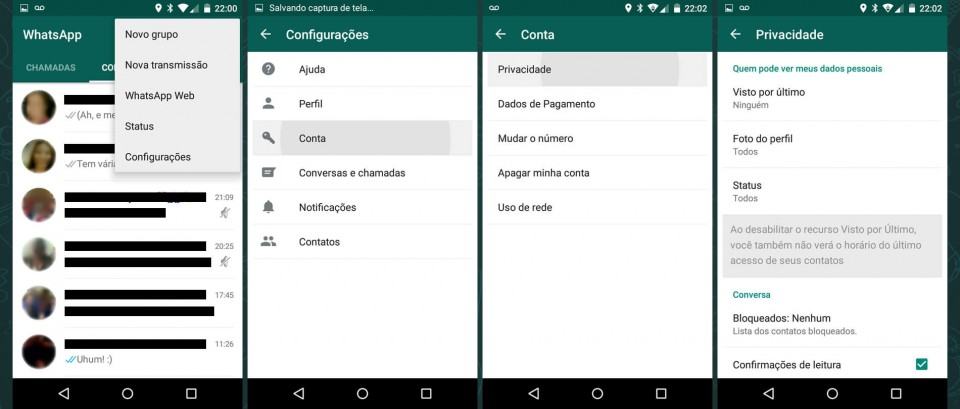 Opções de privacidade no WhatsApp.