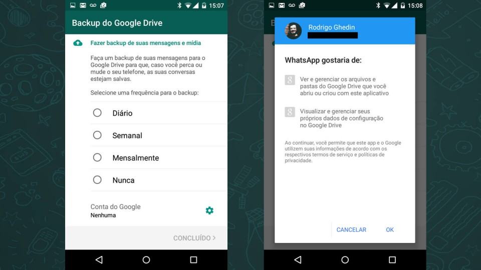 Backup de conversas no Google Drive.