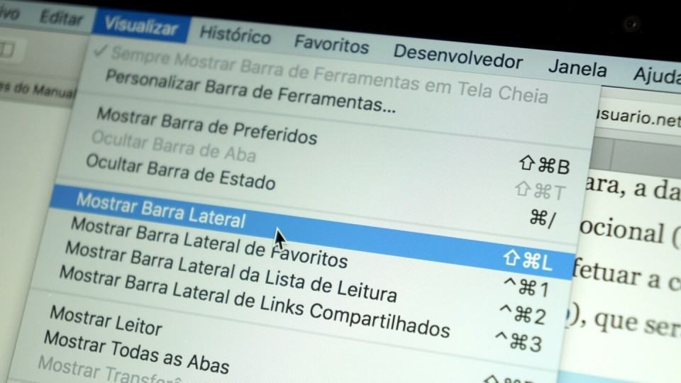 Menu do Safari com teclas de atalho em destaque.