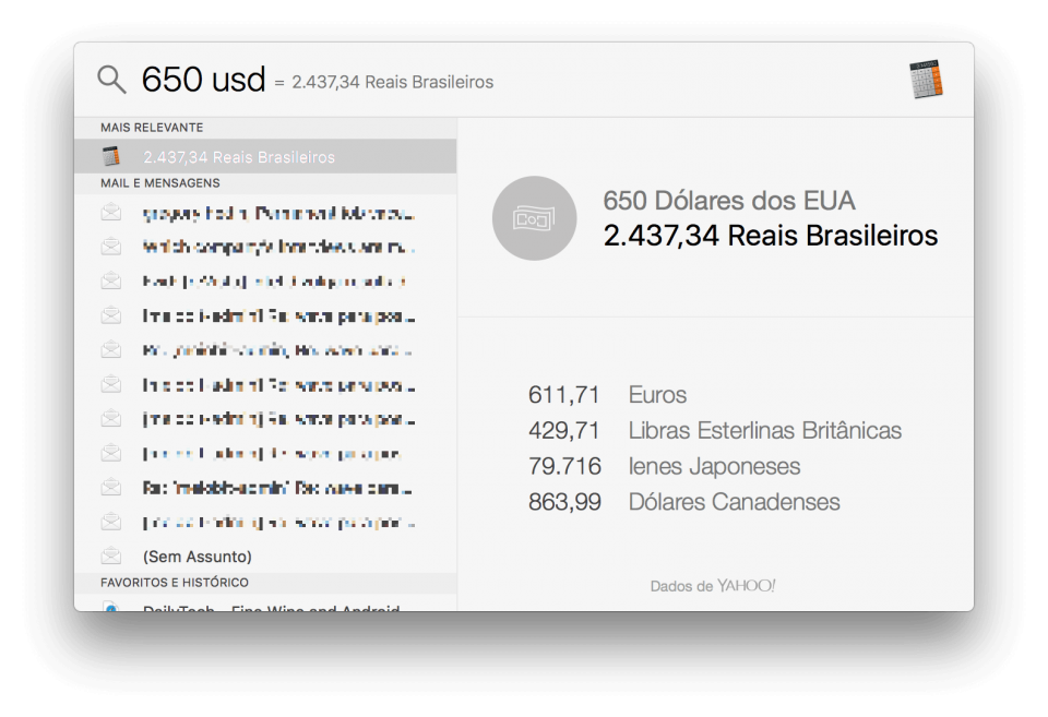 Convertendo moedas no Spotlight.