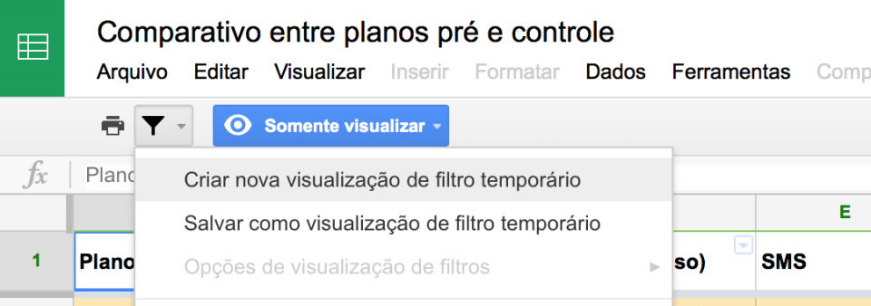 Onde ir para exibir filtros no Google Spreadsheets.
