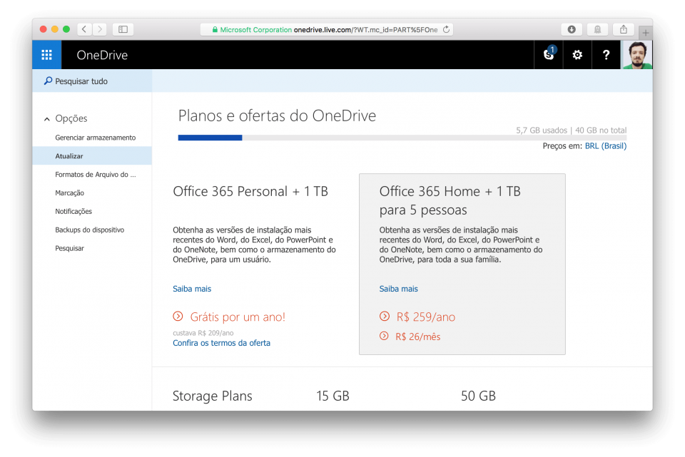 Promoção do Office 365, OneDrive e Skype grátis por um ano.