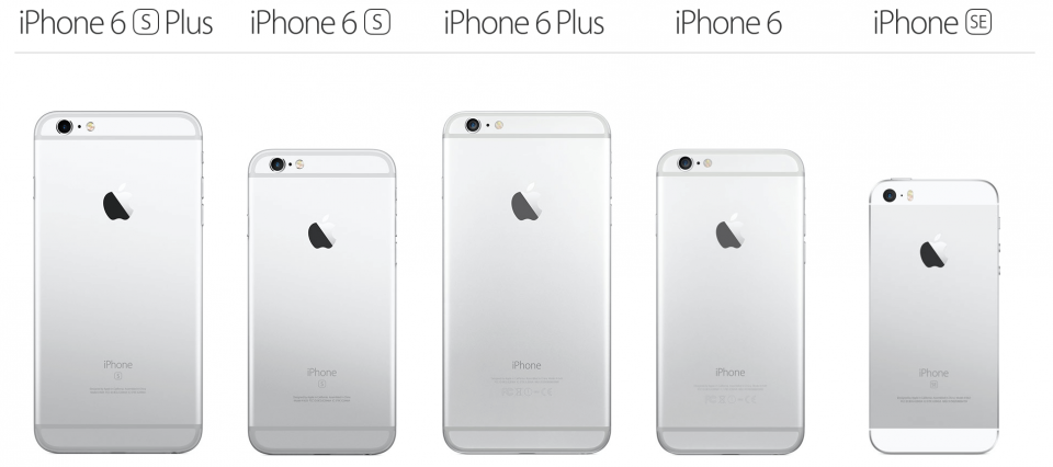 O novo iPhone SE junto aos outros modelos.