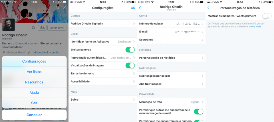 Caminho para desativar os melhores tweets no iPhone.