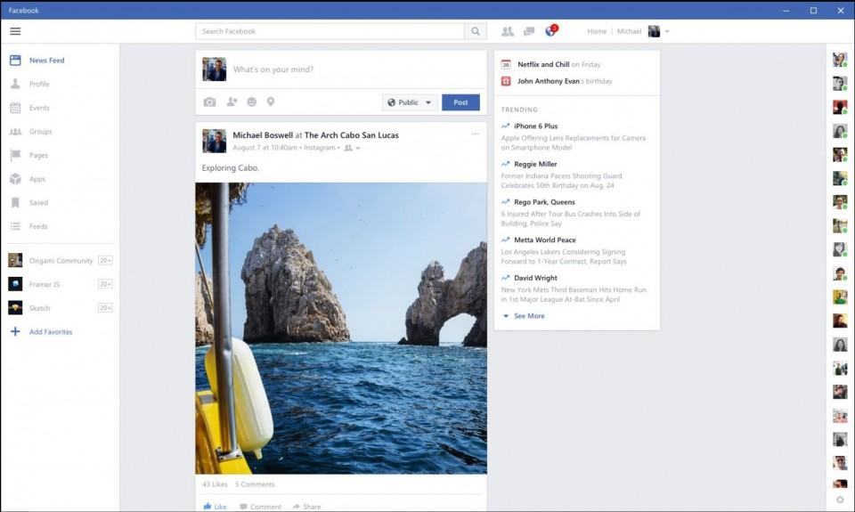 Print do Facebook Beta para Windows.