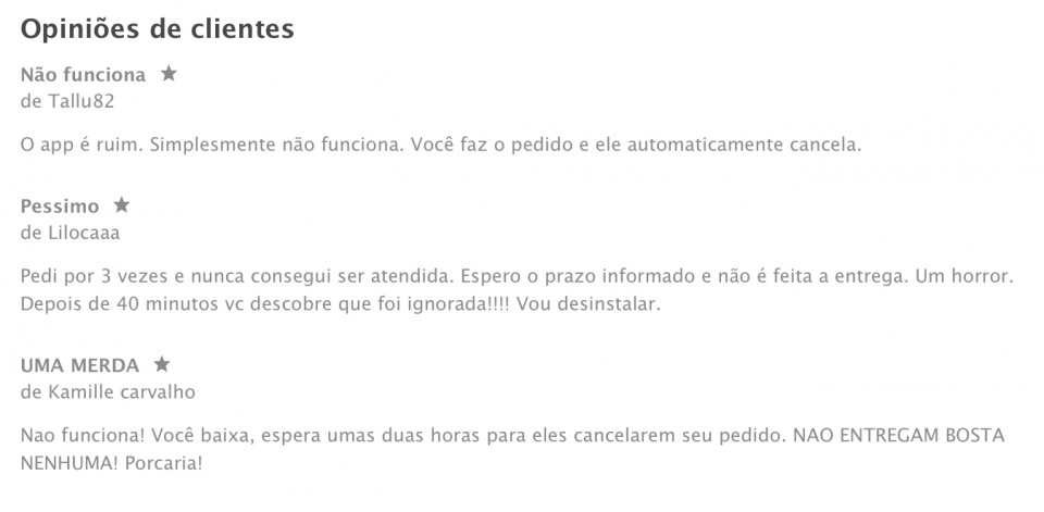 Comentários negativos sobre o app da Ultragaz.