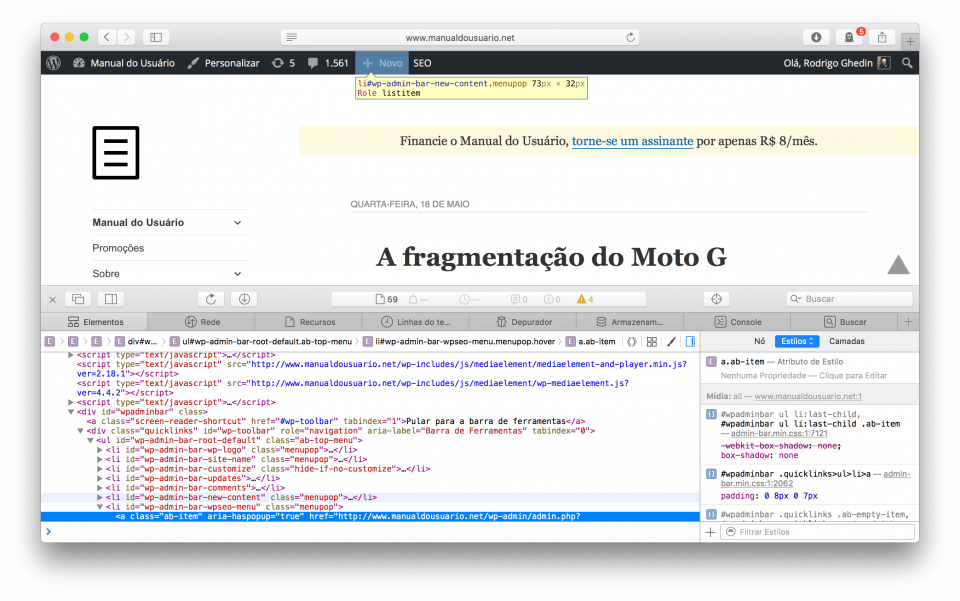 Ferramentas de desenvolvimento do Safari.