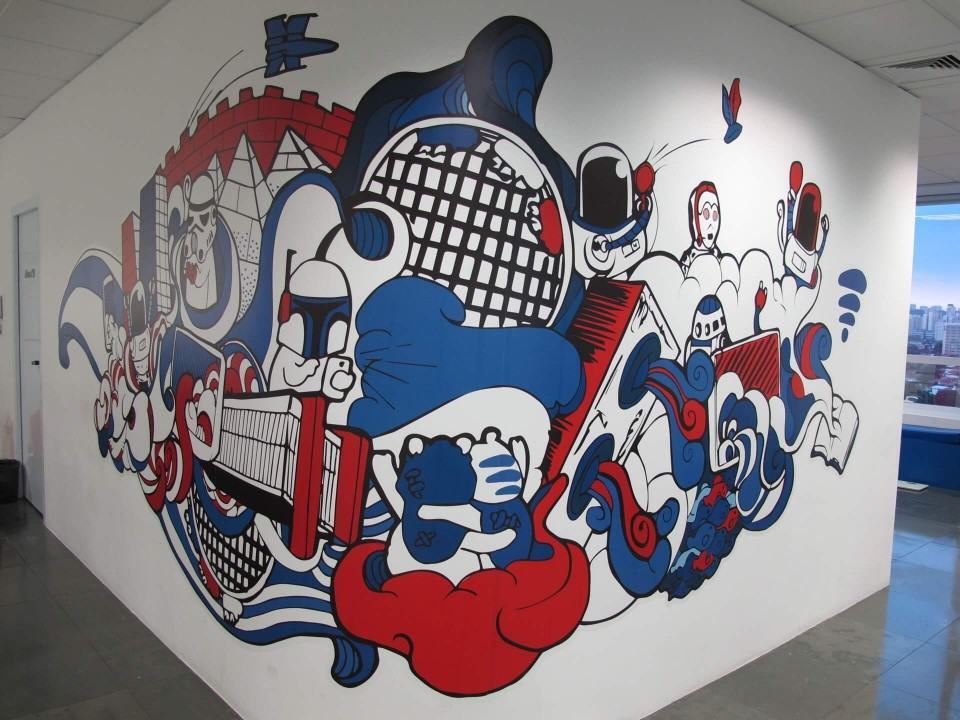 Pintura em detalhe no escritório do Baidu no Brasil.